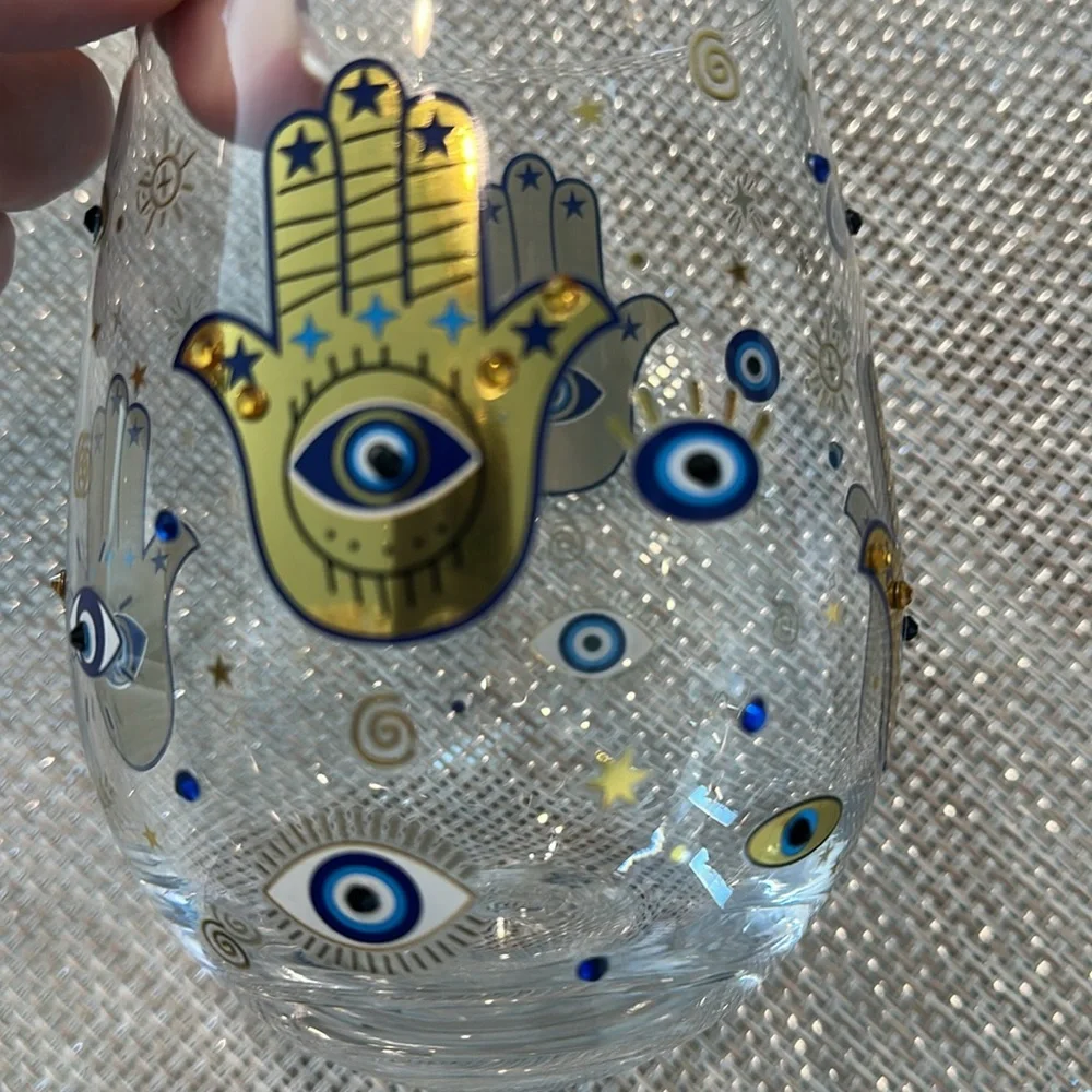 LOVE + LIGHT Wine Glasses Set Of 2 Hamsa Stemless Hamsa Evil Eye Stemless